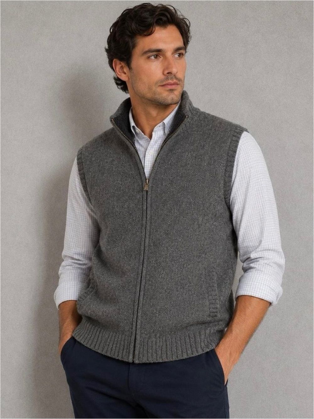 LL Bean grey full-zip lined 100% lambswool sweater vest (medium)